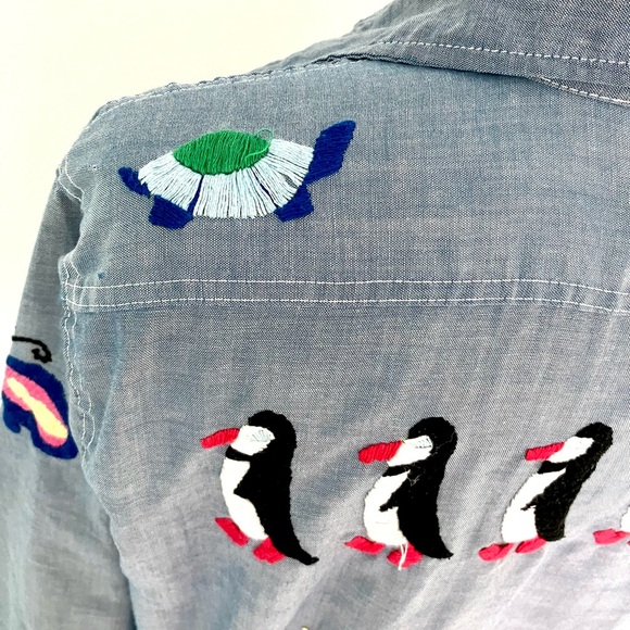 Vintage 70’s embroidered chambray button down novelty shirt top blouse workwear - Picture 9 of 11